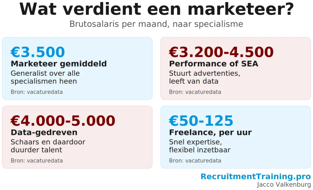 Infographic met brutosalarissen van marketeers per specialisme: gemiddeld 3.500 euro, performance 3.200 tot 4.500 euro, data-gedreven 4.000 tot 5.000 euro, freelance 50 tot 125 euro per uur.